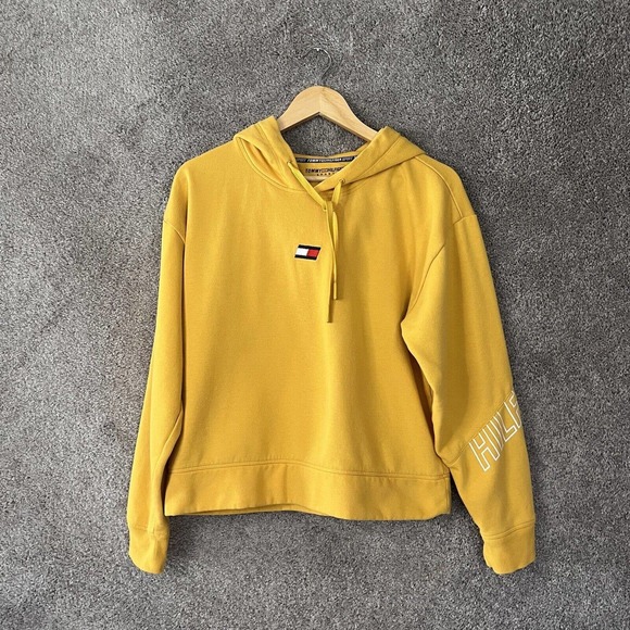 Tommy Hilfiger Sweatshirt Womens Medium Yellow Hooded Long Sleeve Cropped Logo - Picture 1 of 10